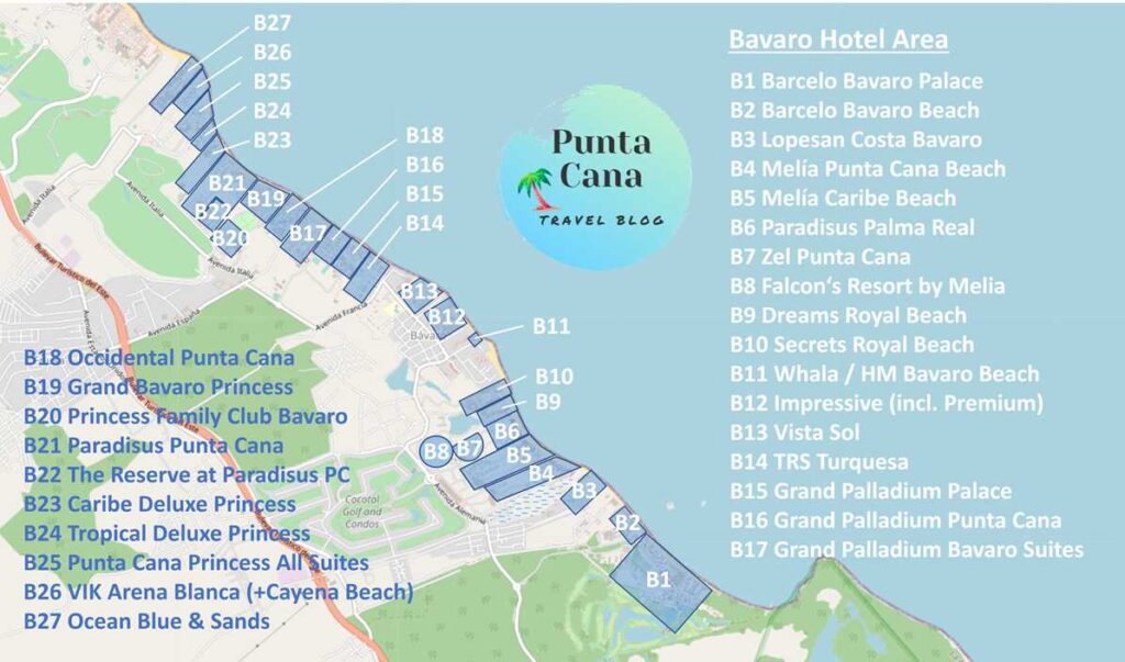 All Bavaro Beach Resorts 2025 on a map